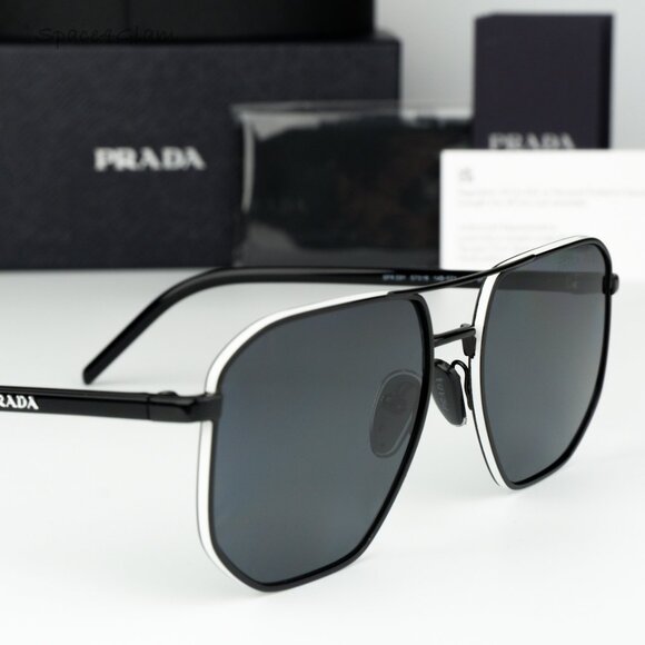 Prada Men Sunglasses Black Polarized Dark Grey Pilot PR59YS 1AB5Z1 BRAND NEW - Picture 4 of 10